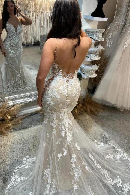 Amazing Column Tulle Lace Spaghetti Straps Sleeveless Ivory Wedding Dress With Appliques by misshow.com