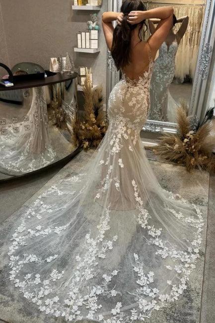 Amazing Column Tulle Lace Spaghetti Straps Sleeveless Ivory Wedding Dress With Appliques by misshow.com