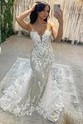Amazing Column Tulle Lace Spaghetti Straps Sleeveless Ivory Wedding Dress With Appliques by misshow.com