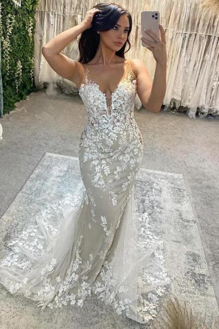 Amazing Column Tulle Lace Spaghetti Straps Sleeveless Ivory Wedding Dress With Appliques by misshow.com