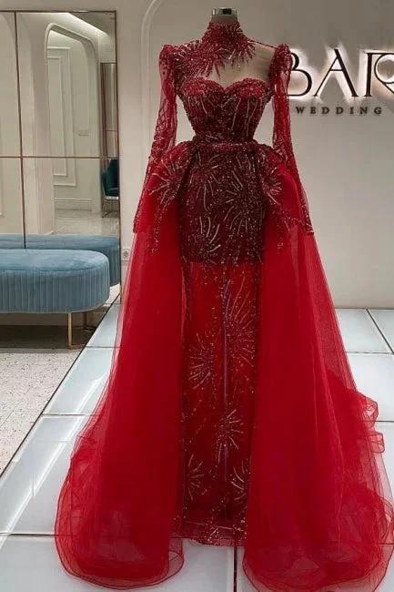 Amazing Column Tulle Lace Sweetheart Long Sleeve Red Prom Dress With Train by misshow.com