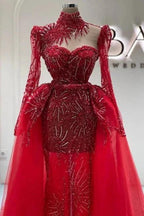 Amazing Column Tulle Lace Sweetheart Long Sleeve Red Prom Dress With Train by misshow.com