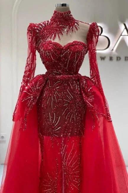 Amazing Column Tulle Lace Sweetheart Long Sleeve Red Prom Dress With Train by misshow.com
