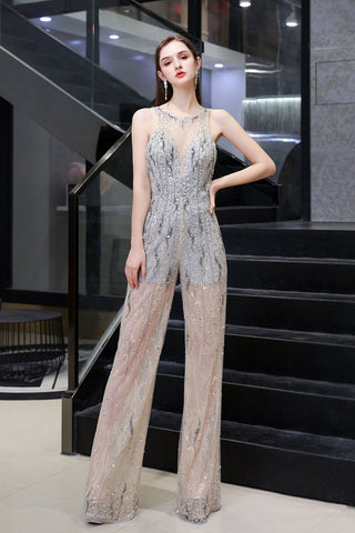 Erstaunlicher Illusion High Neck Durchsichtiger Party-Jumpsuit Ärmellos Ballkleidung