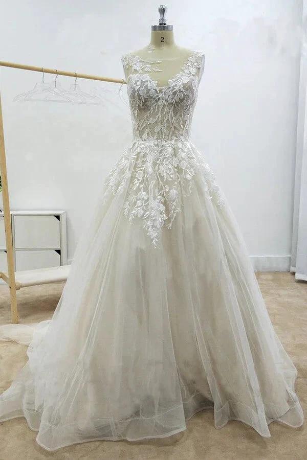 Amazing Long A-line Appliques Lace Tulle Chapel Train Wedding Dress by BIZTUNNEL