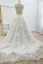 Amazing Long A-line Appliques Lace Tulle Chapel Train Wedding Dress by BIZTUNNEL