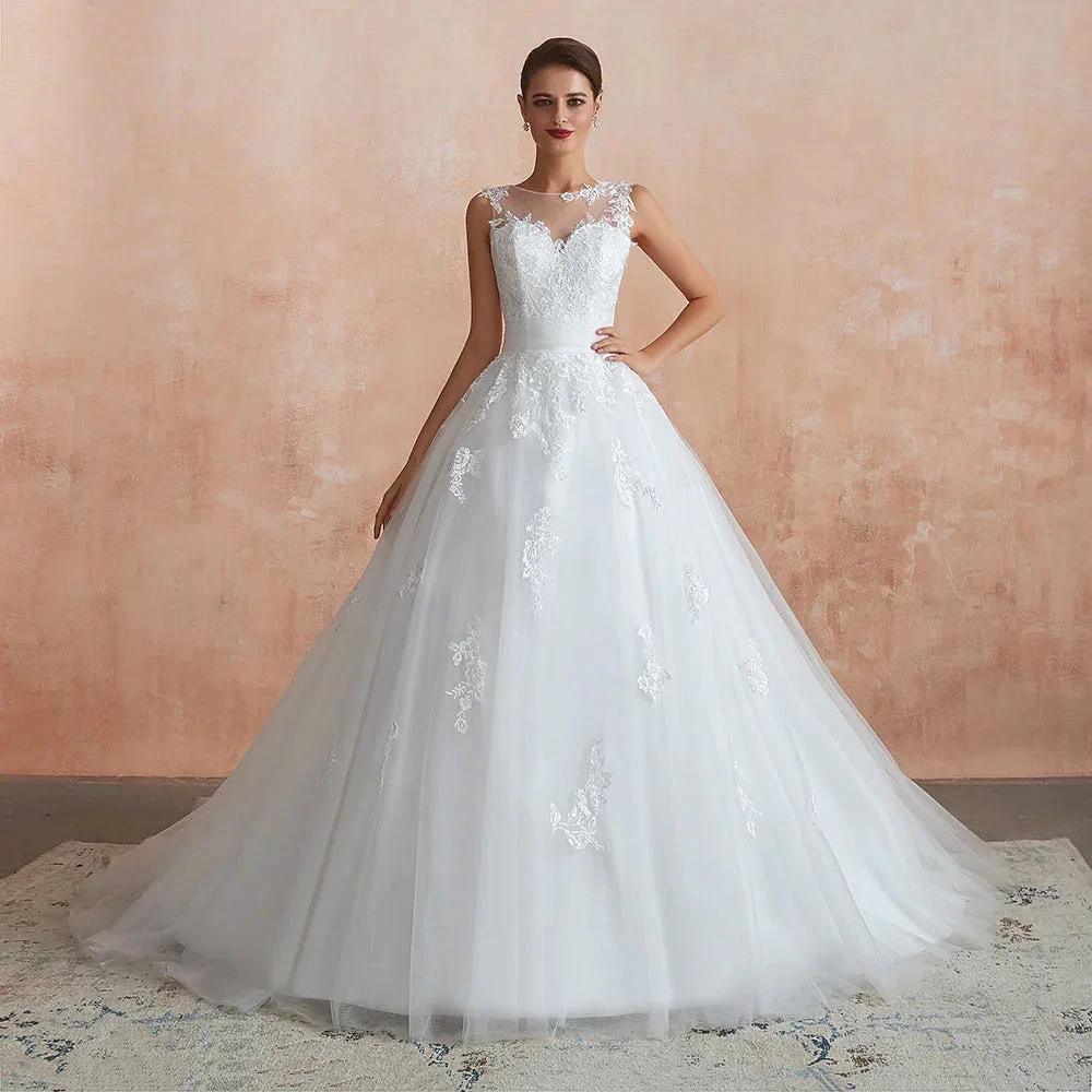 Amazing Long A-line Appliques Lace Tulle Wedding Dress by BIZTUNNEL