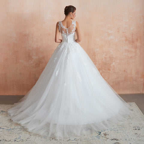 Erstaunliches langes A-Linien-Brautkleid aus Spitze und Tüll mit Applikationen