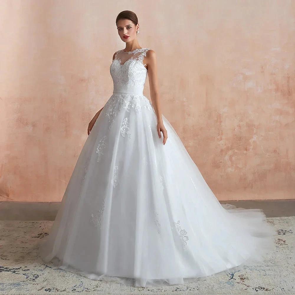 Amazing Long A-line Appliques Lace Tulle Wedding Dress by BIZTUNNEL