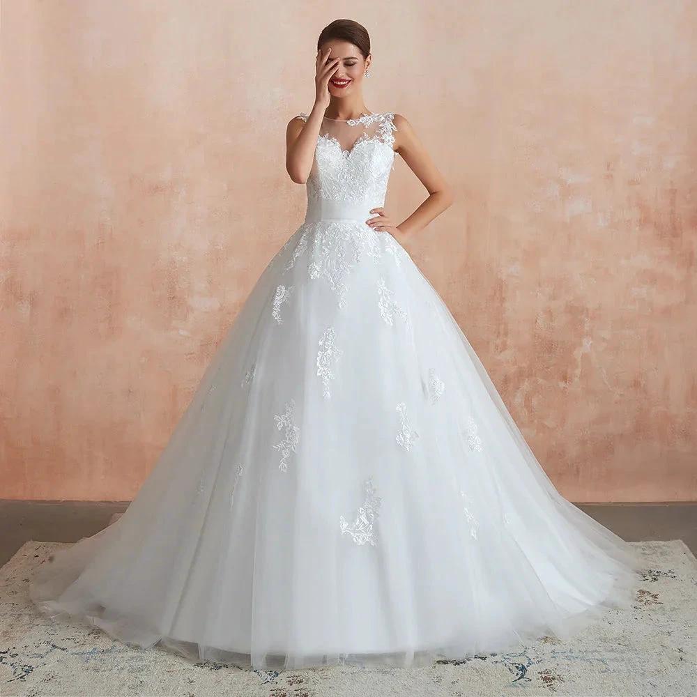 Amazing Long A-line Appliques Lace Tulle Wedding Dress by BIZTUNNEL