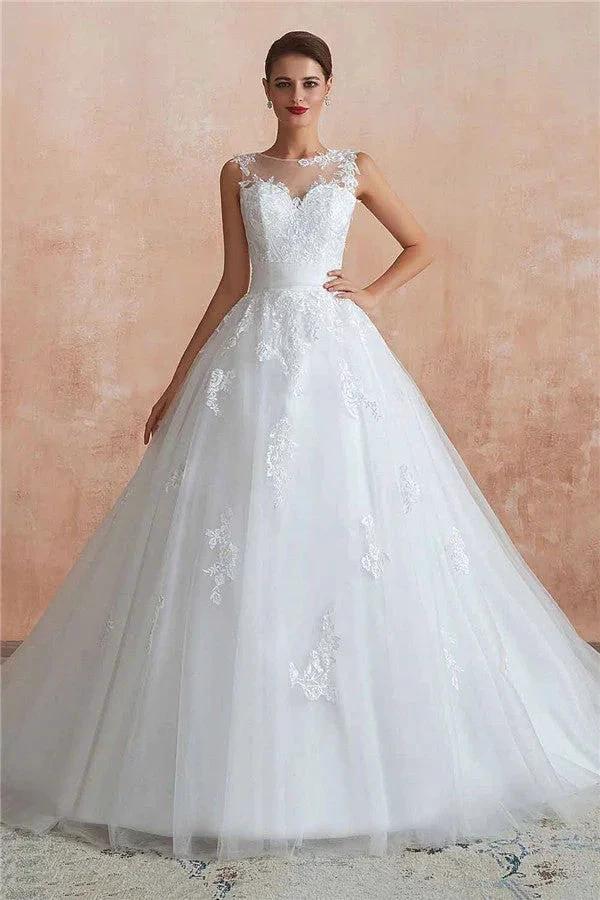 Amazing Long A-line Appliques Lace Tulle Wedding Dress by BIZTUNNEL
