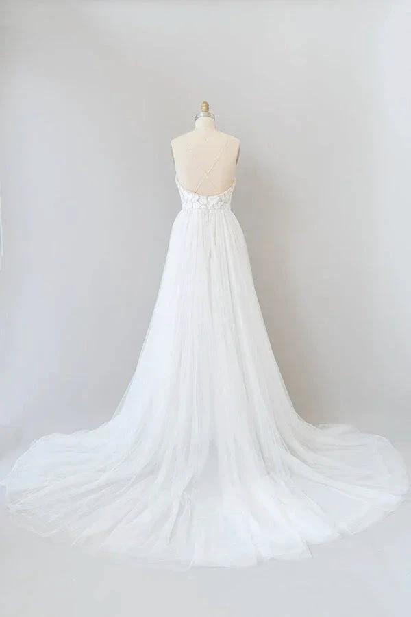 Amazing Long A-line Chapel Train Appliques Tulle Backless Wedding Dress by BIZTUNNEL