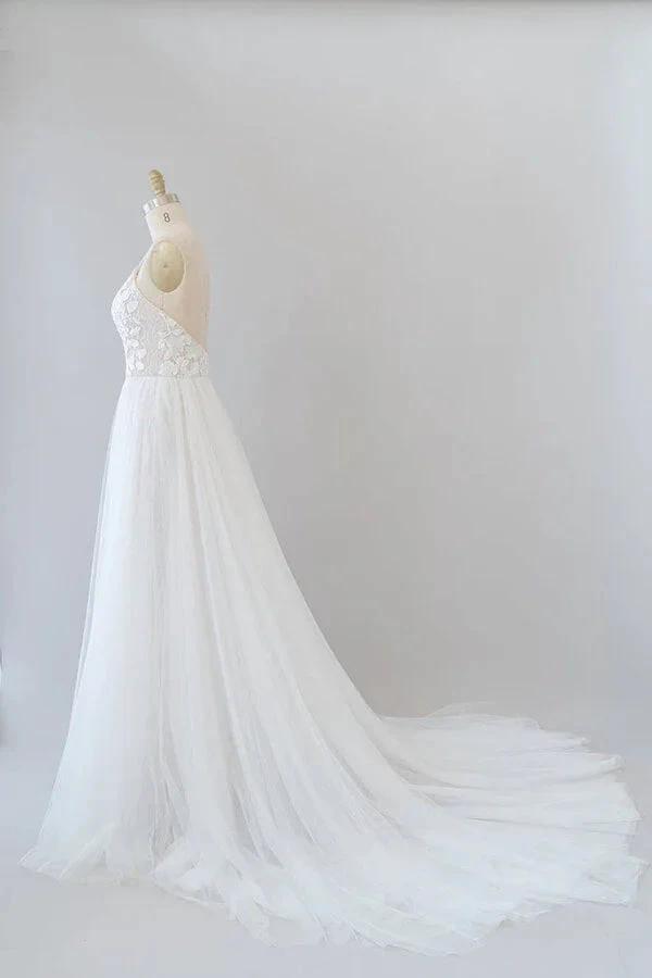 Amazing Long A-line Chapel Train Appliques Tulle Backless Wedding Dress by BIZTUNNEL