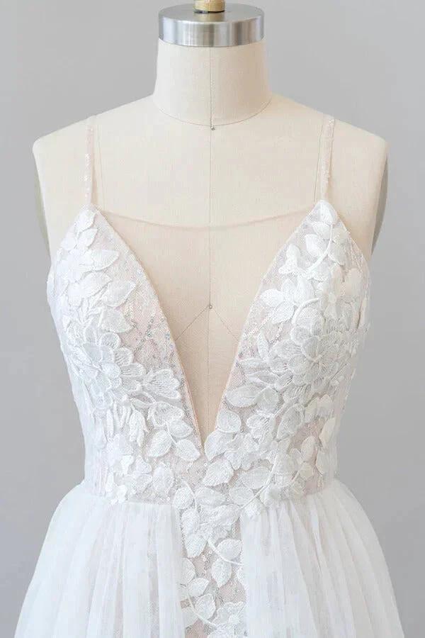 Amazing Long A-line Chapel Train Appliques Tulle Backless Wedding Dress by BIZTUNNEL