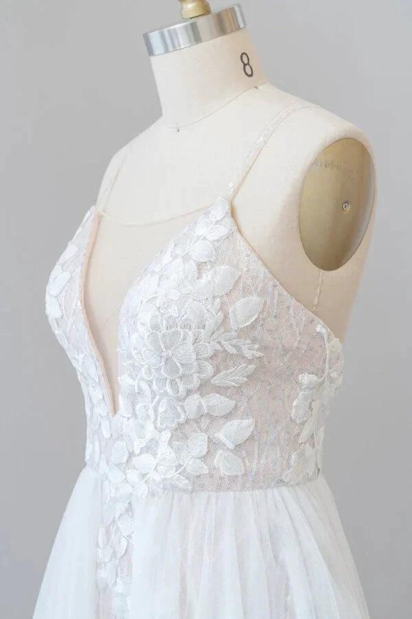 Amazing Long A-line Chapel Train Appliques Tulle Backless Wedding Dress by BIZTUNNEL