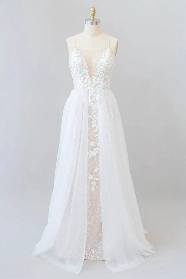 Amazing Long A-line Chapel Train Appliques Tulle Backless Wedding Dress by BIZTUNNEL