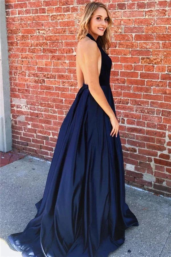 Amazing Long A-line Halter Ruched Open Back Prom Dress by BIZTUNNEL