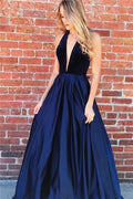 Amazing Long A-line Halter Ruched Open Back Prom Dress by BIZTUNNEL