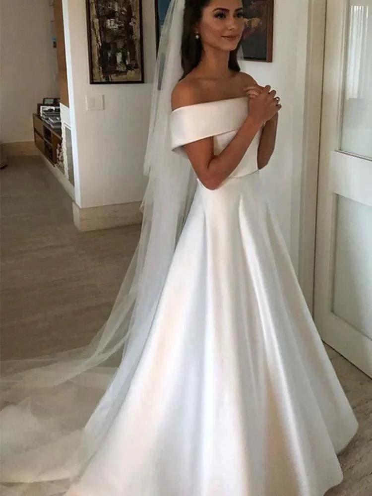 Amazing Long A-line Off the Shoulder Covered Button Satin Wedding Dresses by BIZTUNNEL