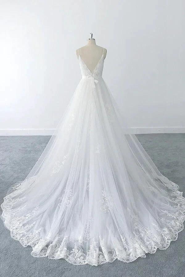 Amazing Long A-line V-neck Ruffle Appliques Tulle Wedding Dress by BIZTUNNEL