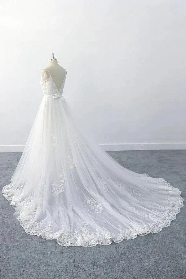 Amazing Long A-line V-neck Ruffle Appliques Tulle Wedding Dress by BIZTUNNEL