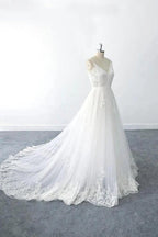 Amazing Long A-line V-neck Ruffle Appliques Tulle Wedding Dress by BIZTUNNEL