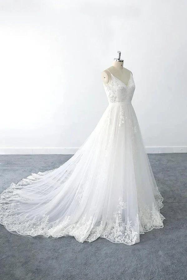 Amazing Long A-line V-neck Ruffle Appliques Tulle Wedding Dress by BIZTUNNEL