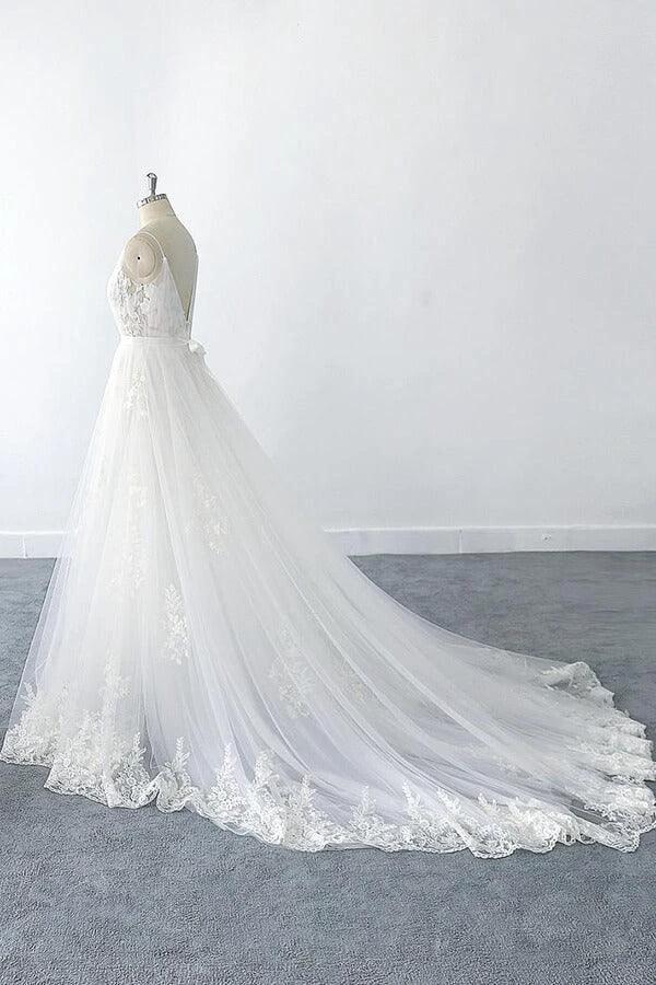Amazing Long A-line V-neck Ruffle Appliques Tulle Wedding Dress by BIZTUNNEL