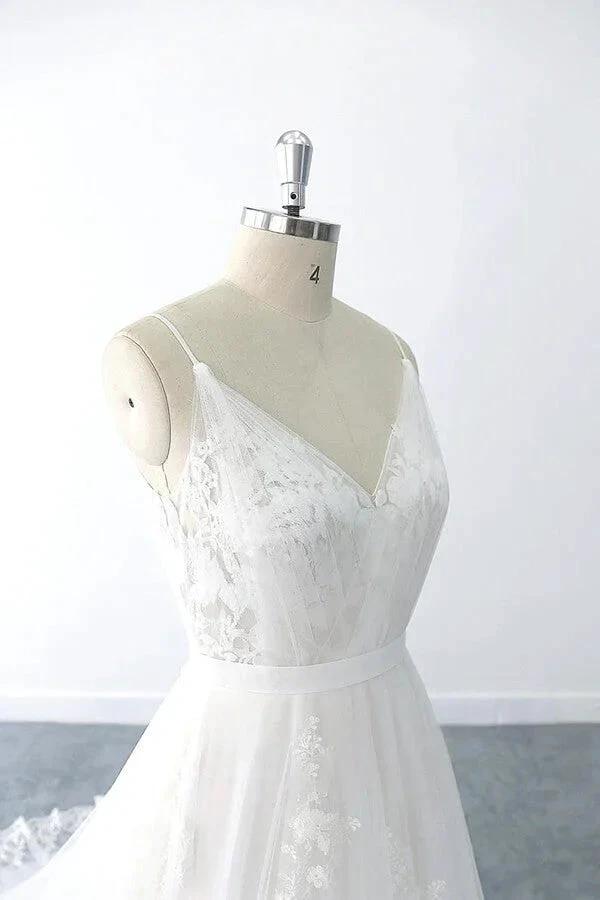 Amazing Long A-line V-neck Ruffle Appliques Tulle Wedding Dress by BIZTUNNEL