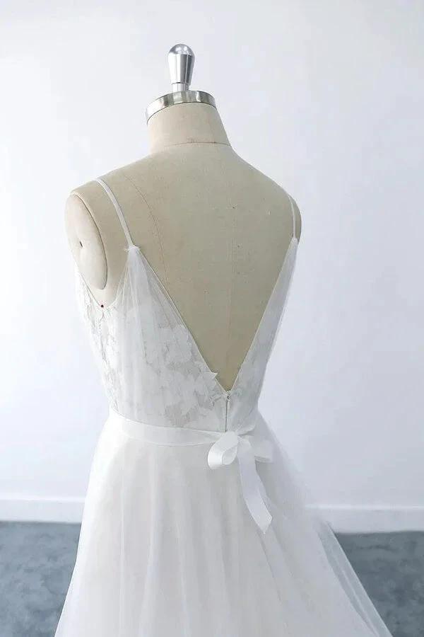 Amazing Long A-line V-neck Ruffle Appliques Tulle Wedding Dress by BIZTUNNEL