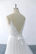 Amazing Long A-line V-neck Ruffle Appliques Tulle Wedding Dress by BIZTUNNEL