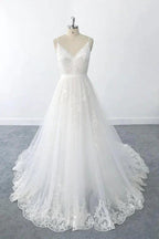 Amazing Long A-line V-neck Ruffle Appliques Tulle Wedding Dress by BIZTUNNEL