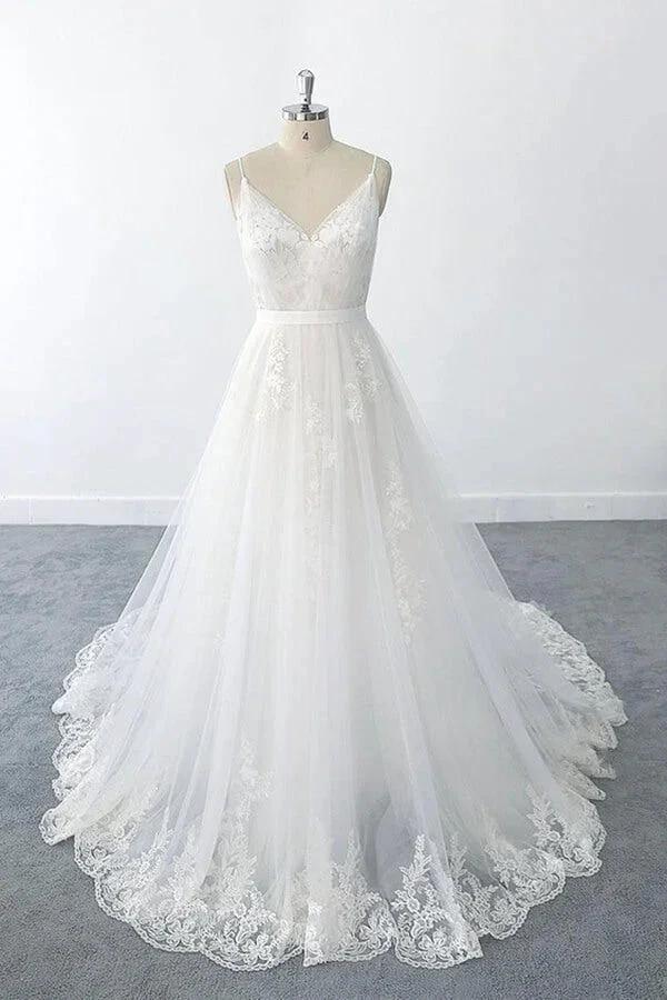 Amazing Long A-line V-neck Ruffle Appliques Tulle Wedding Dress by BIZTUNNEL