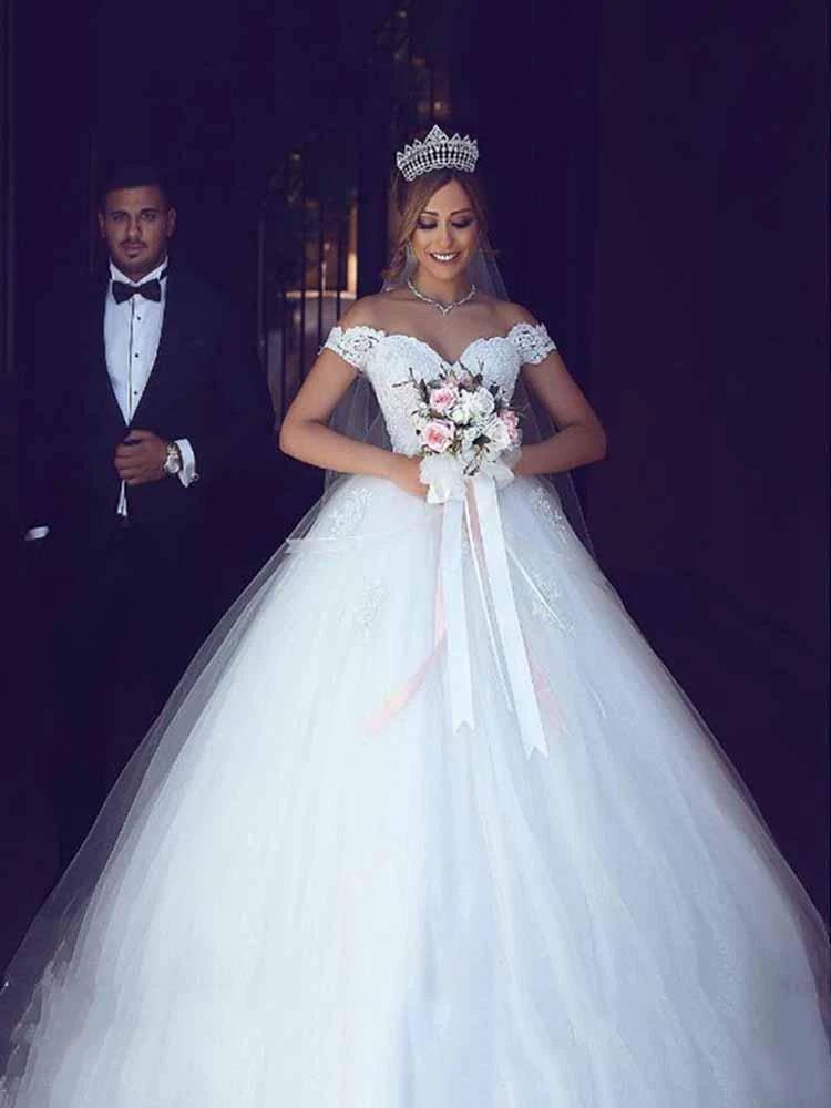 Amazing Long Ball Gown Off the Shoulder Lace Tulle Wedding Dresses by BIZTUNNEL