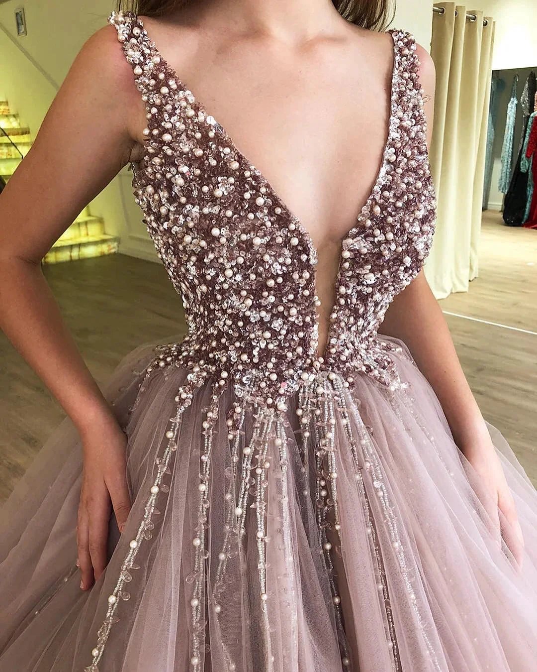 Amazing Long Ball Gown V-neck Tulle Prom Dress with Beading by BIZTUNNEL