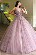 Amazing Long Ball Gown V-neck Tulle Prom Dress with Beading by BIZTUNNEL
