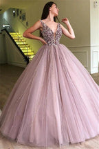 Amazing Long Ball Gown V-neck Tulle Prom Dress with Beading by BIZTUNNEL
