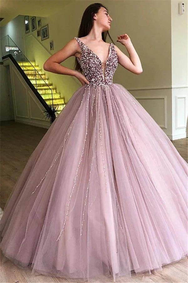 Amazing Long Ball Gown V-neck Tulle Prom Dress with Beading by BIZTUNNEL