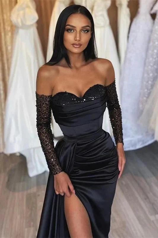 Amazing Long Black Mermaid Split Front Sequined Prom Dress by misshow.com