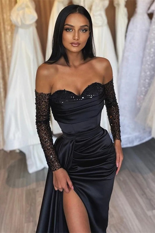 Amazing Long Black Mermaid Split Front Sequined Prom Dress Main Image