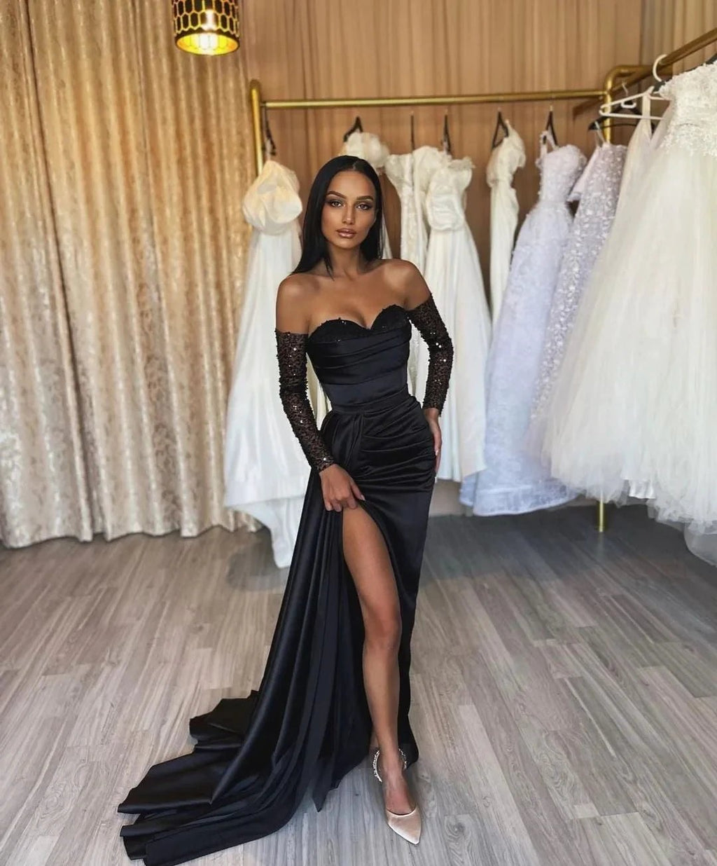 Amazing Long Black Mermaid Split Front Sequined Prom Dress by misshow.com
