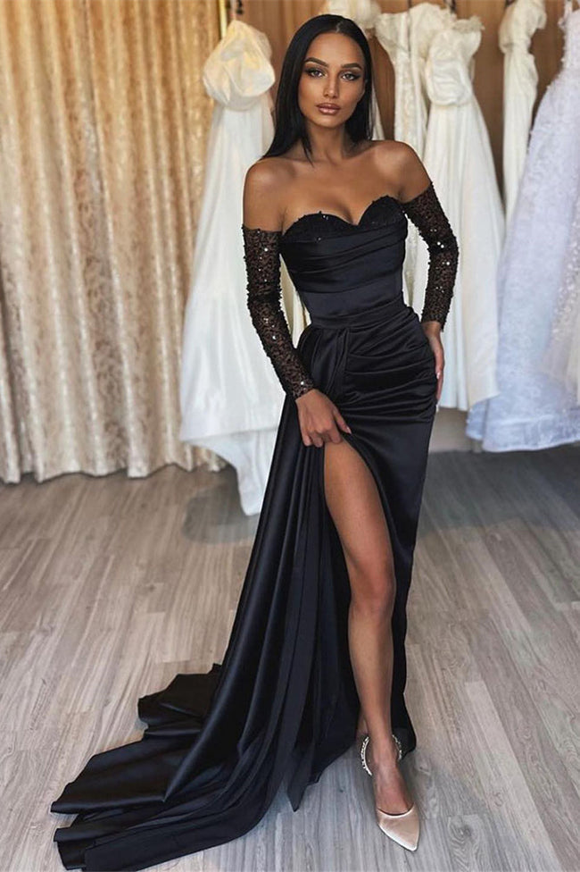 Amazing Long Black Mermaid Split Front Sequined Prom Dress Hover Image