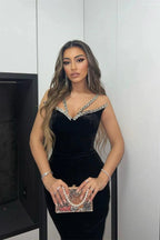 Amazing Long Black Sleeveless Mermaid Velvet Prom Dress With Crystal by misshow.com