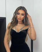 Amazing Long Black Sleeveless Mermaid Velvet Prom Dress With Crystal by misshow.com