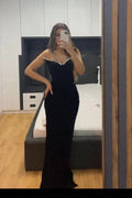 Amazing Long Black Sleeveless Mermaid Velvet Prom Dress With Crystal by misshow.com