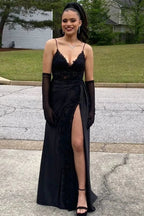 Amazing Long Black V-neck Spaghetti Straps Lace Sleeveless Prom Dress With Slit by misshow.com