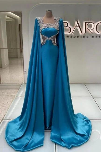 Amazing Long Blue Satin Rhinestones Prom Dress Designer Evening Dress by misshow.com