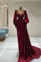 Amazing Long Burgundy Mermaid Beading Lace Prom Dresses with Long Sleeves by misshow.com