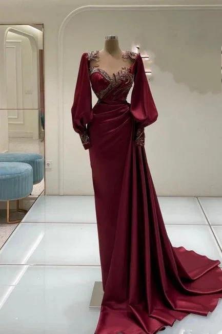 Amazing Long Burgundy Mermaid Beading Lace Prom Dresses with Long Sleeves by misshow.com