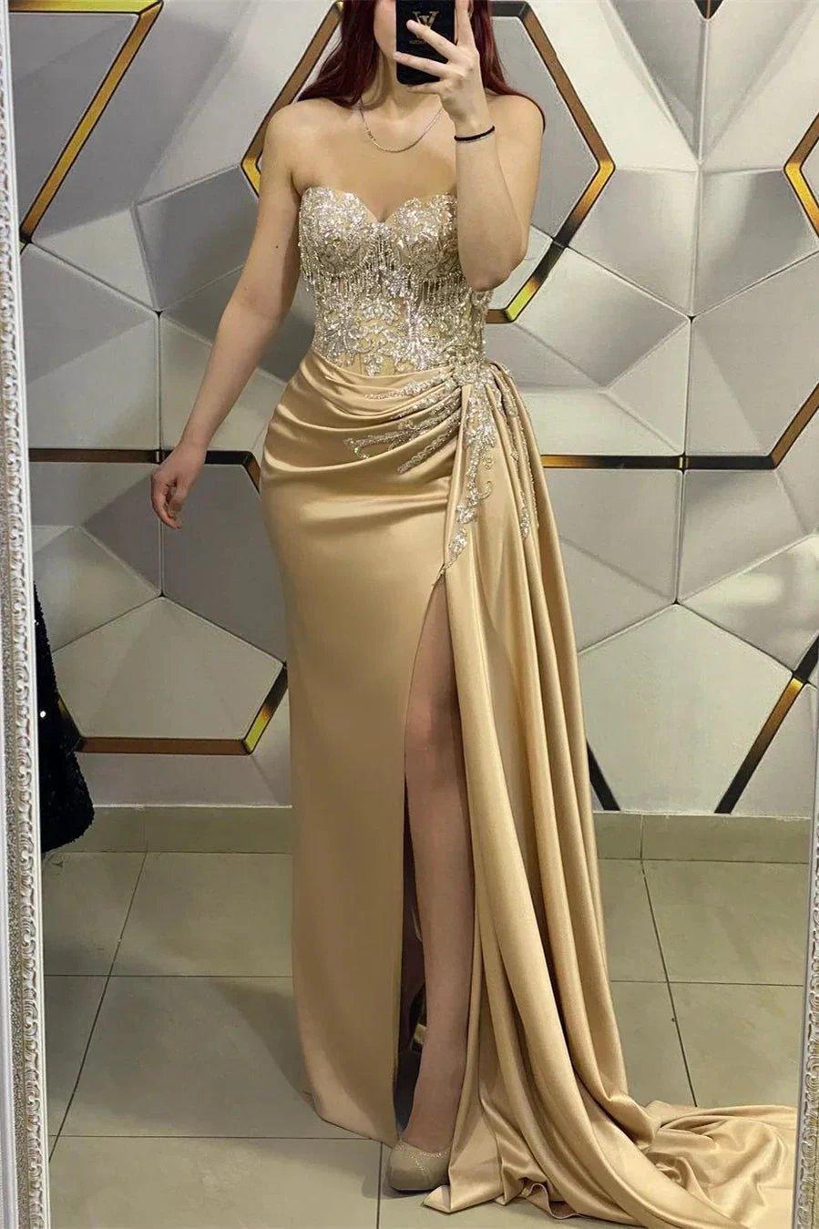 Amazing Long Champagne Sleeveless Beading Lace Prom Dress With Slit by misshow.com